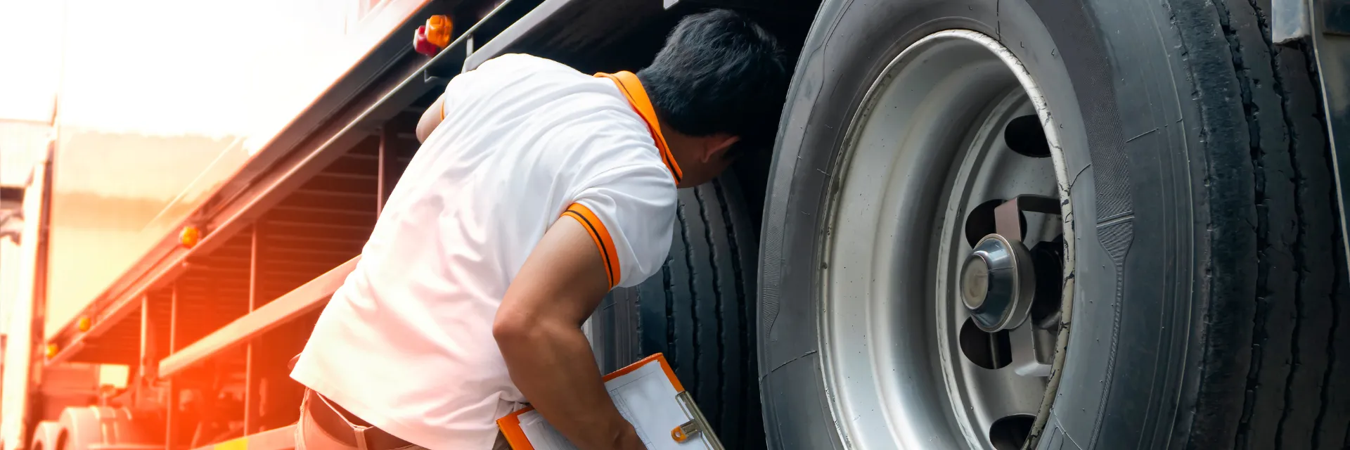 man conducting a maintenance check on the tires of a commercial truck