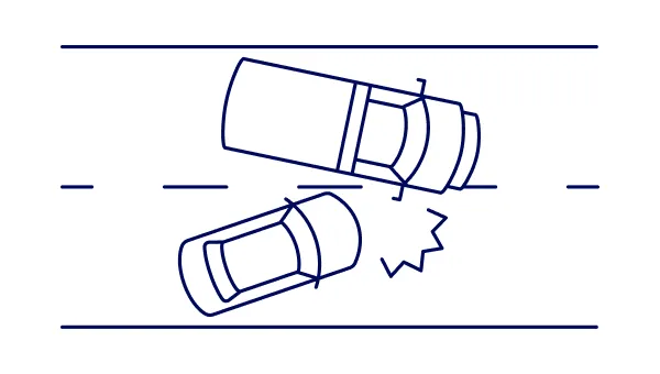 Illustration of a two-car collision at an angle on a road